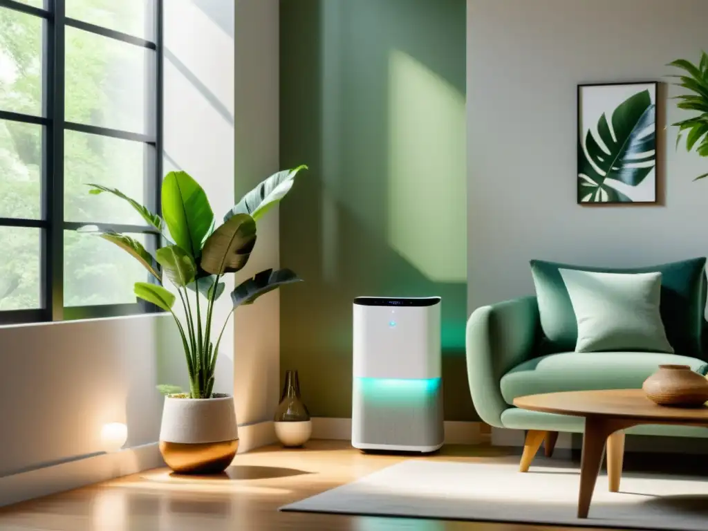 Un purificador de aire para bienestar se integra en un salón moderno, iluminado por luz natural y con ambiente tranquilo