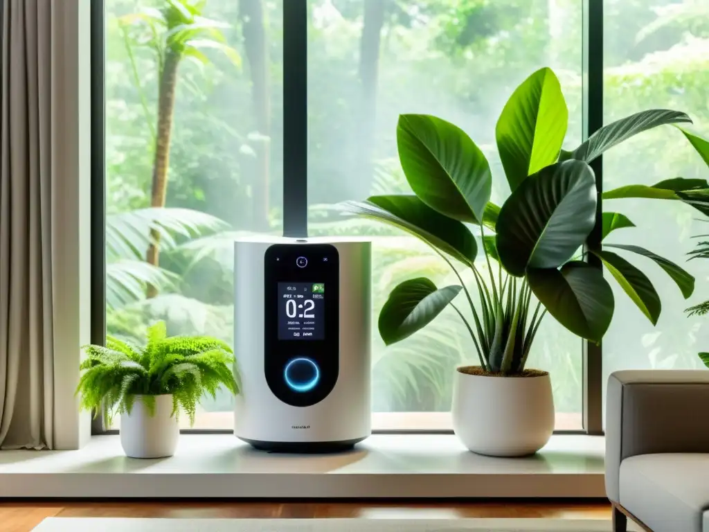 Purificador de aire inteligente en un moderno salón con plantas y luz natural, creando un ambiente armonioso y avanzado tecnológicamente