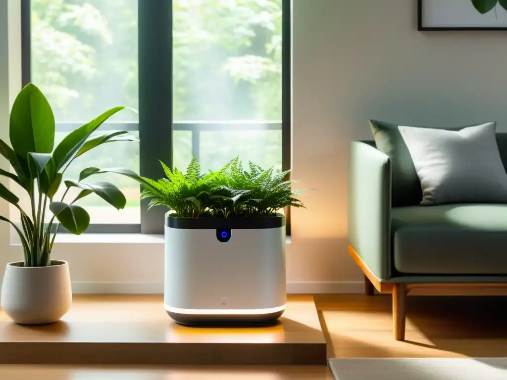 Un purificador de aire moderno ilumina una sala minimalista, con plantas verdes y luz natural