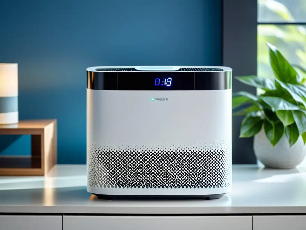 El purificador de aire PureBreathe mejora la calidad de vida de asmáticos con tecnología avanzada y diseño moderno en un hogar contemporáneo