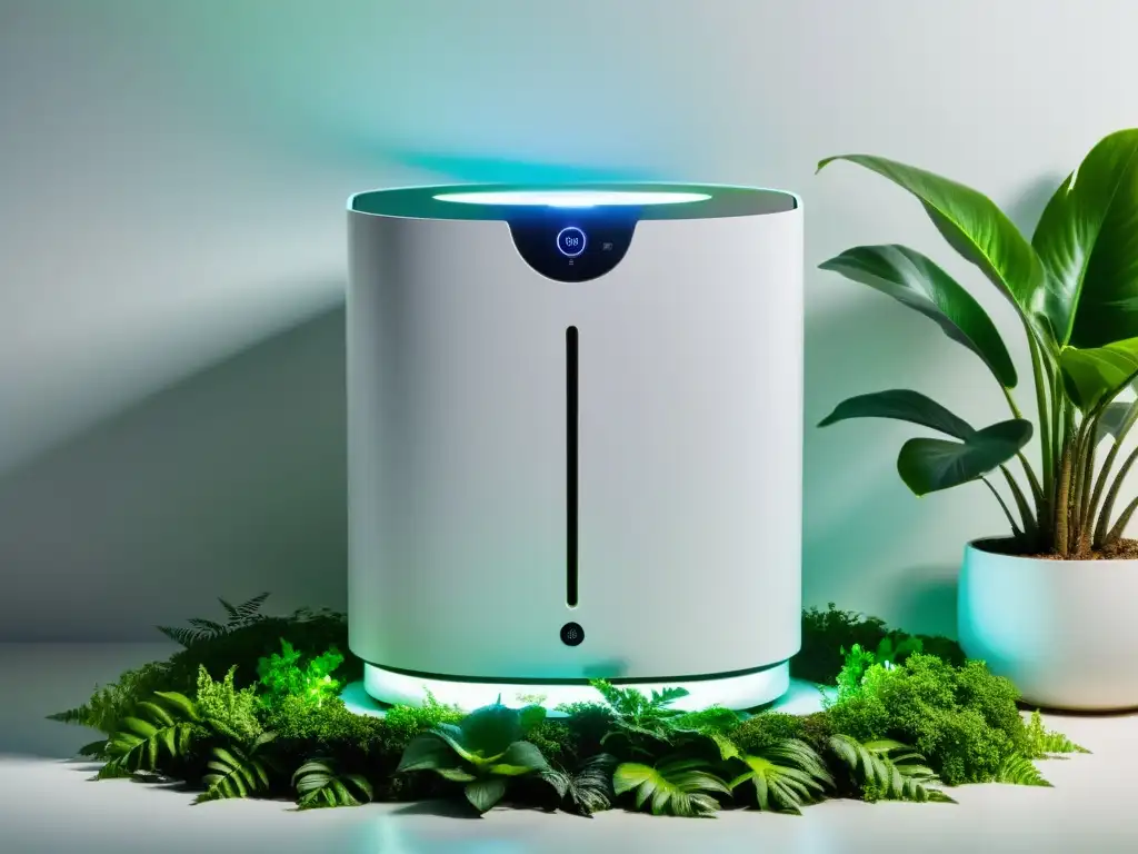 Un purificador moderno y elegante rodeado de plantas verdes exuberantes, iluminado por luces LED suaves, crea un ambiente fresco y natural