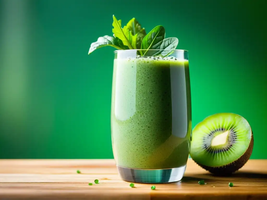 Un refrescante smoothie de kale y espinacas en un vaso transparente, decorado con kiwi y semillas de chía