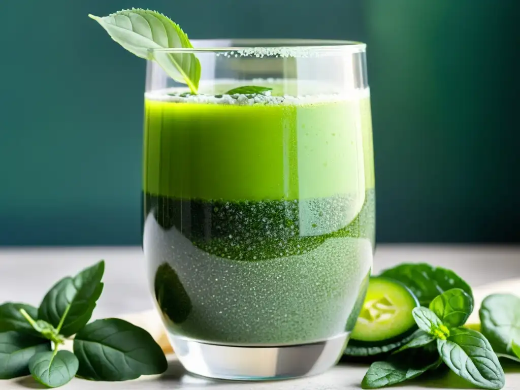 Un refrescante smoothie verde con espinaca, pepino y menta, presentado de forma profesional