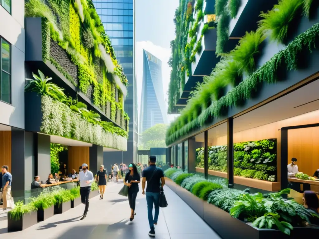 Refugio urbano con zonas verdes: la bulliciosa calle de la ciudad está adornada con jardines verticales vibrantes y crea una atmósfera fresca y limpia