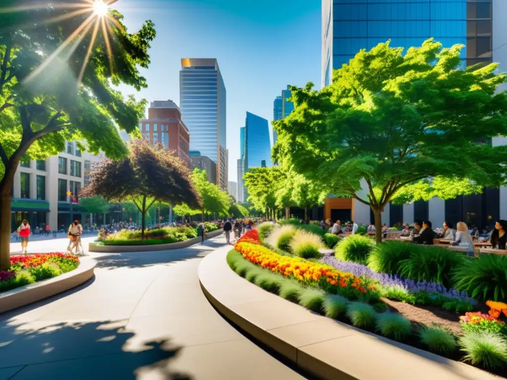 Refugios urbanos con zonas verdes en vibrante ciudad, con parques llenos de vida y gente disfrutando del entorno urbano natural