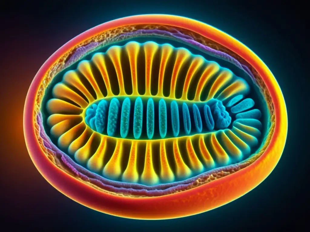 Una representación detallada en 8k de una mitocondria humana mostrando sus intrincadas estructuras internas y el proceso de respiración celular