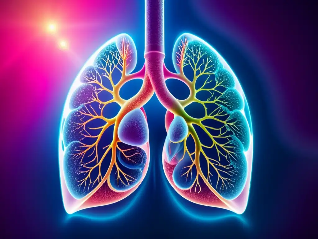 Una representación detallada de unos pulmones sanos con alvéolos y bronquios visibles, evocando vitalidad y salud respiratoria