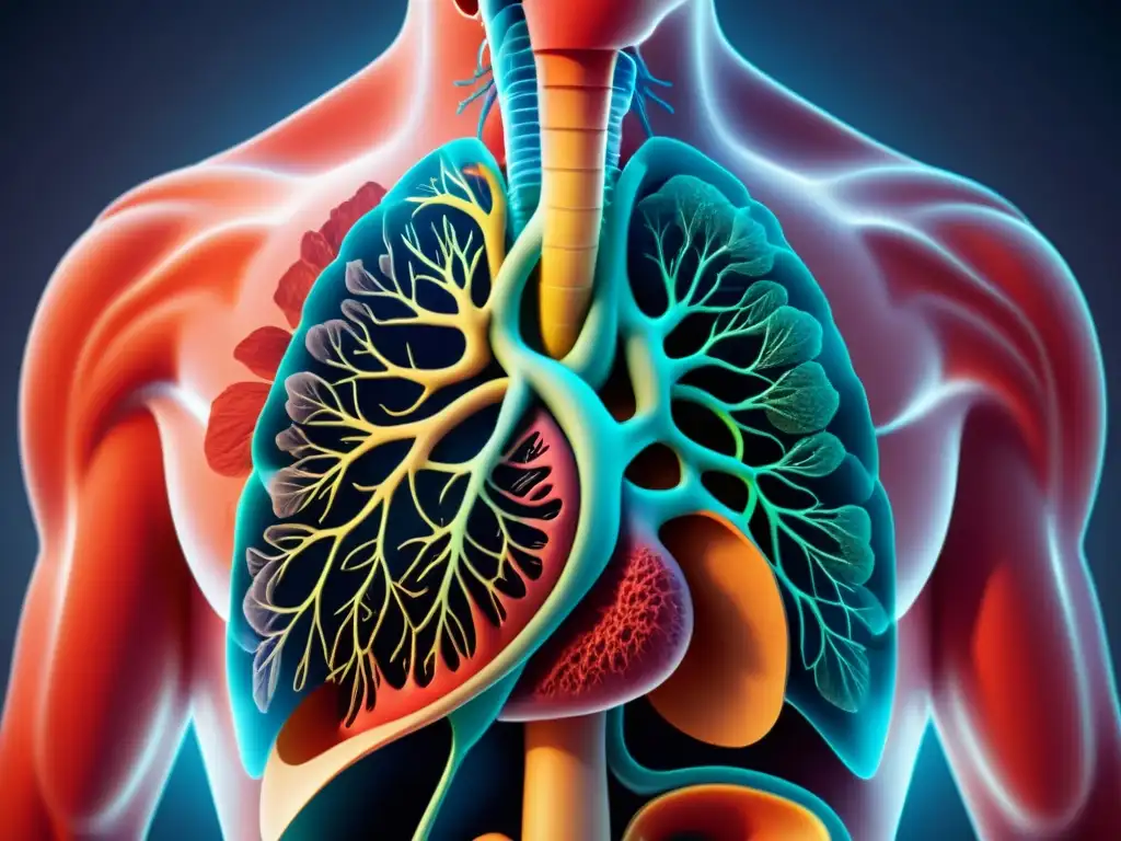 Una representación detallada en 8k del sistema respiratorio humano con un enfoque en el mediastino, resaltando su función protectora