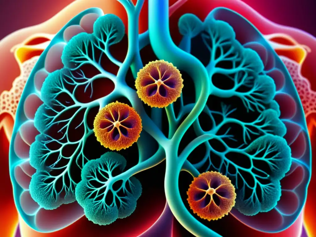 Una representación detallada del sistema respiratorio humano, destacando la red de bronquios y alvéolos