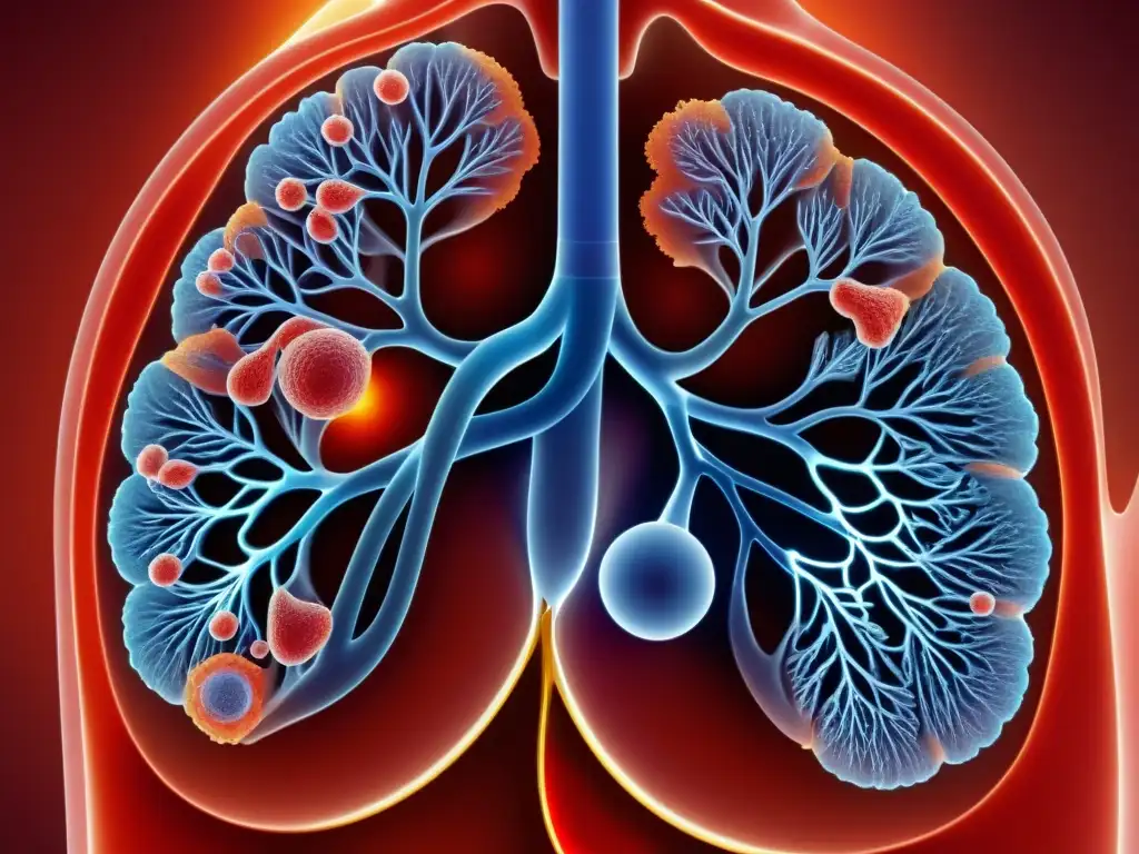 Una representación detallada del sistema respiratorio humano, destacando la red de bronquios, alvéolos y vasos sanguíneos