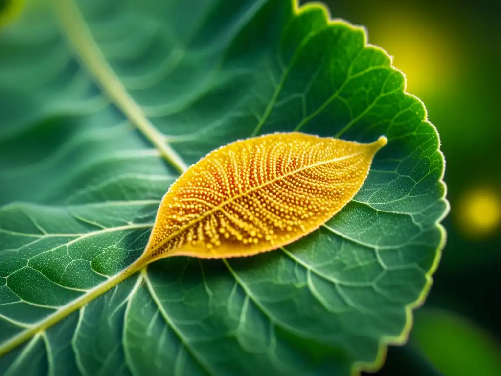 Aromaterapia para aliviar resfriado y alergias: Detalle de un grano de polen sobre una hoja verde, iluminado por cálidos rayos de sol