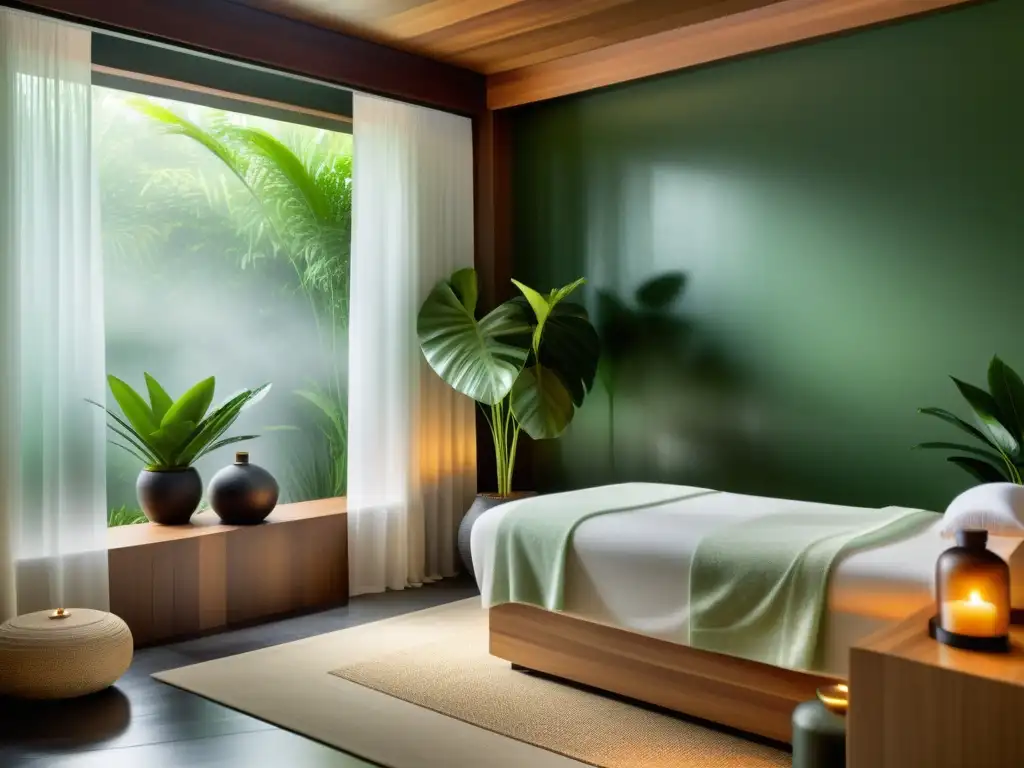 Aromaterapia para aliviar resfriado y alergias en un moderno spa sereno con luz natural y difusa, plantas verdes y decoración contemporánea