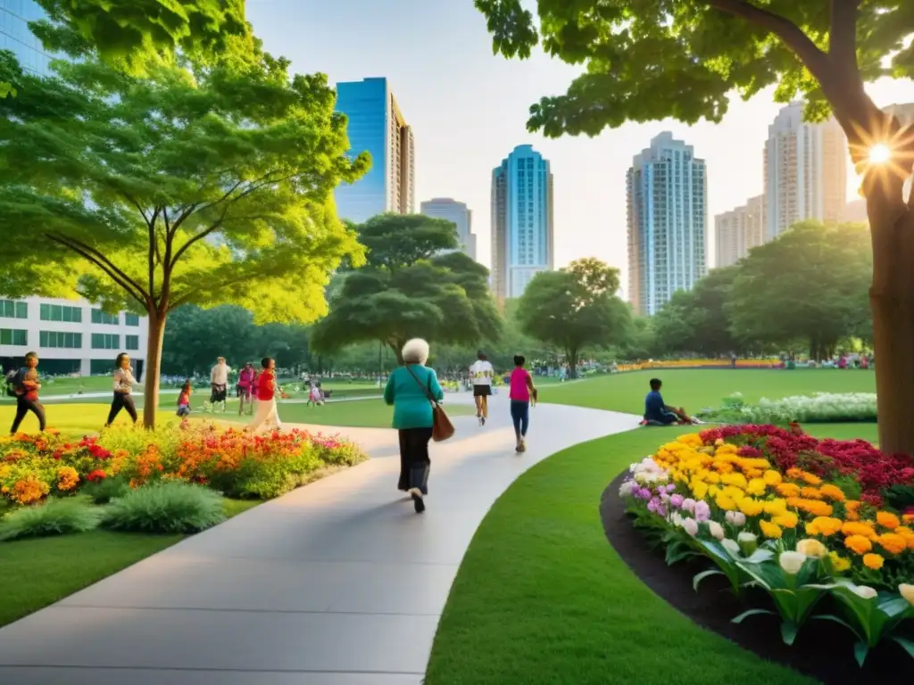 Residentes disfrutan de un parque urbano verde al atardecer, promoviendo la prevención del asma ambiental en espacios urbanos