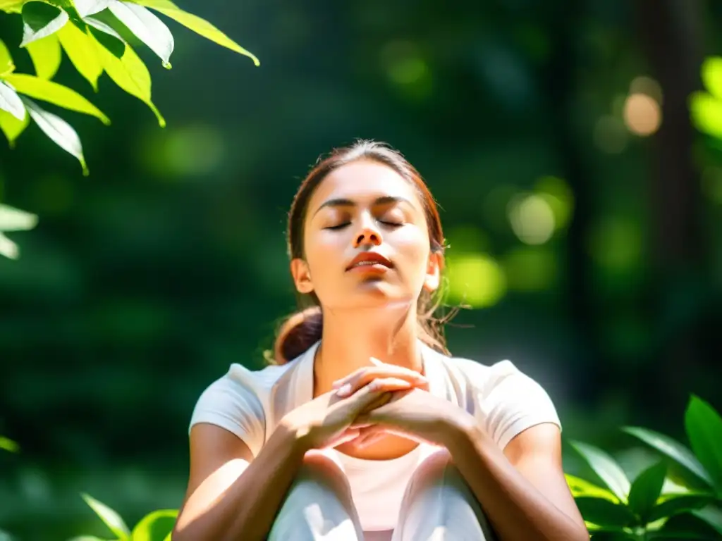 Practicando respiración consciente para reducir ansiedad en un entorno tranquilo entre la naturaleza