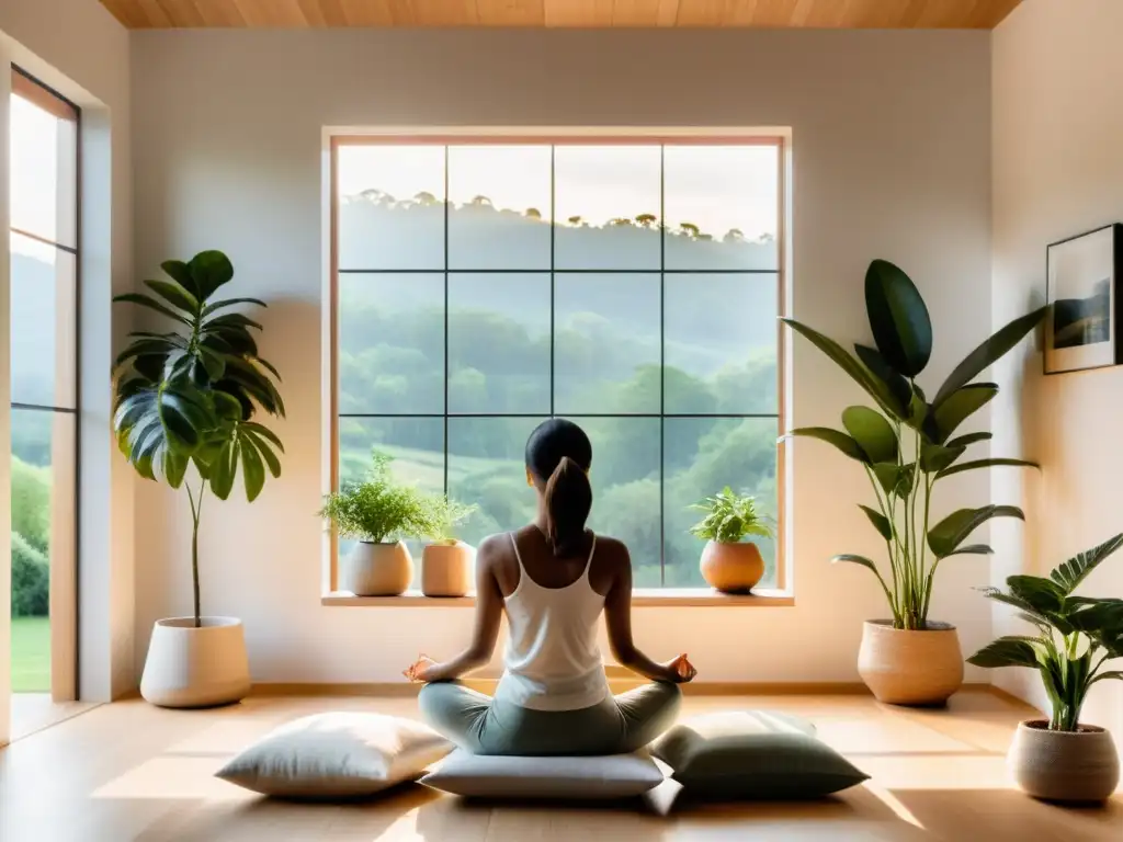 Práctica de respiración consciente para ansiedad en un salón moderno y tranquilo con vista a la naturaleza