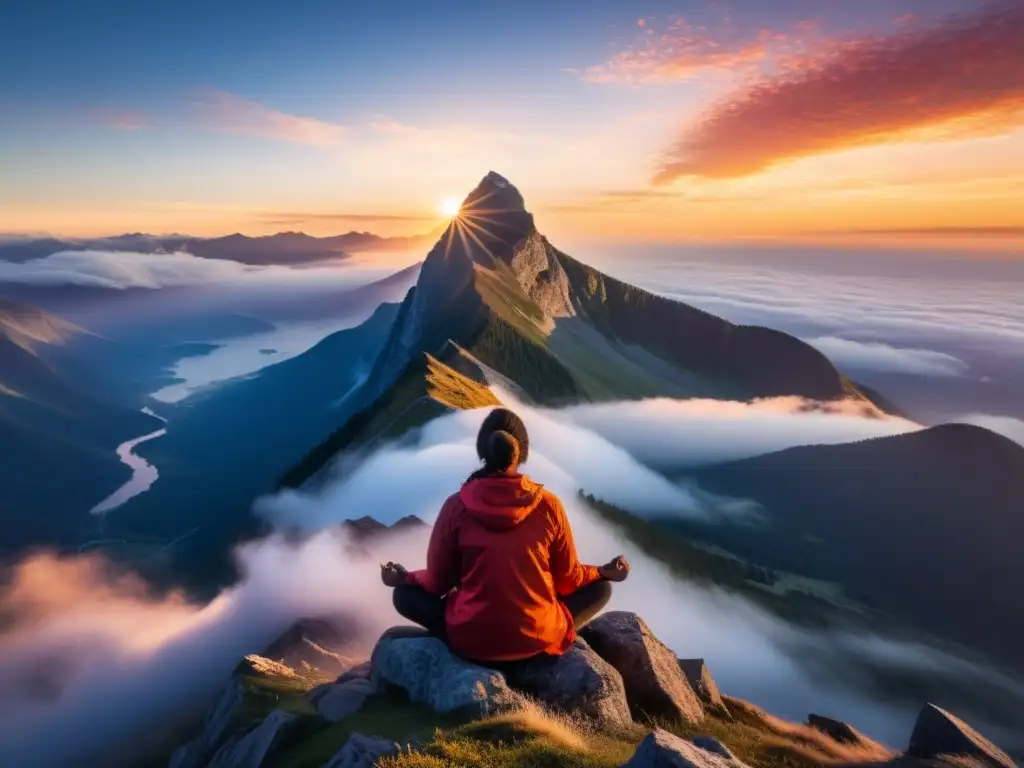 Practicando la respiración consciente en la cima de la montaña al amanecer, beneficios científicos de la meditación