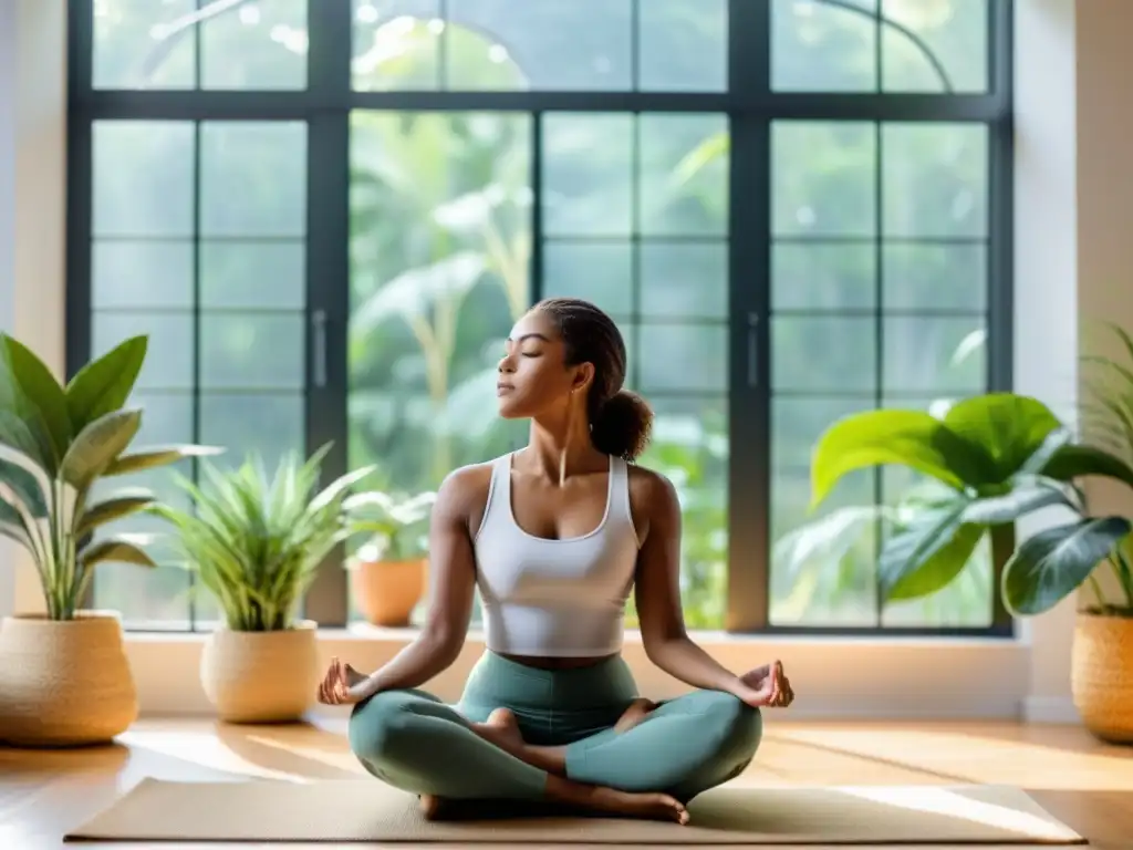 Práctica de meditación en un entorno sereno Práctica de respiración consciente para gestionar dolor en ambiente sereno y moderno, rodeado de luz natural y plantas