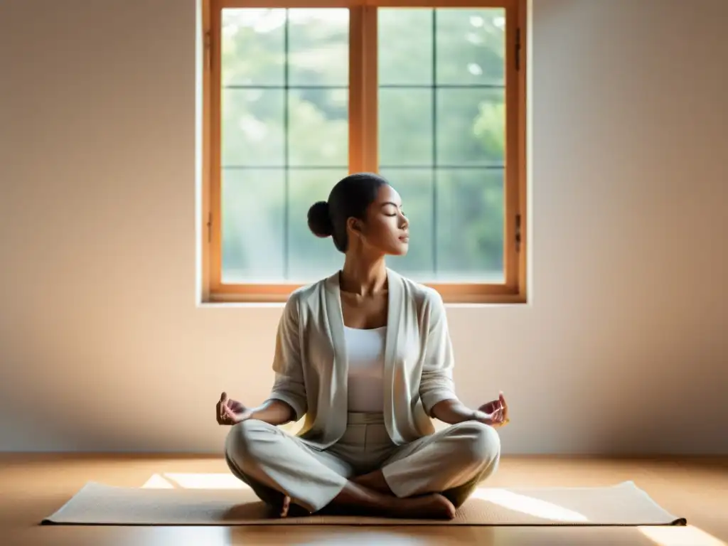 Práctica de respiración consciente en la meditación Zen en un entorno sereno y luminoso