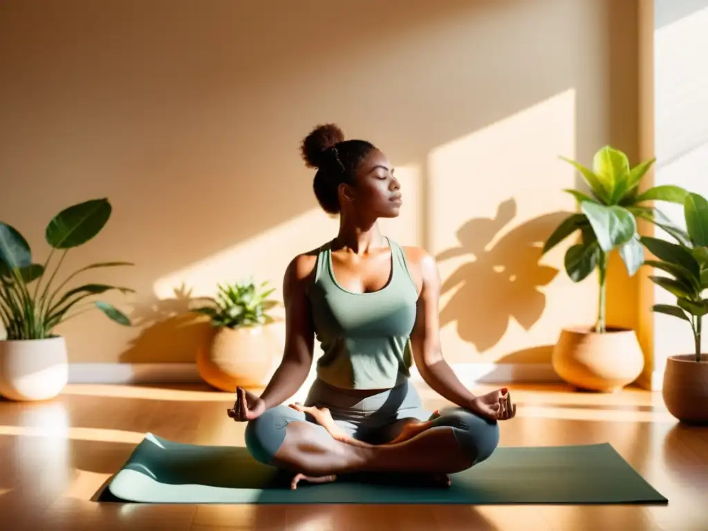 Práctica de respiración consciente para manejo del estrés en sala luminosa y tranquila con persona en postura de yoga