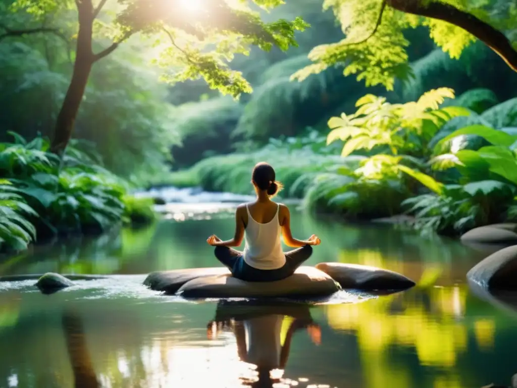 Practicando la respiración consciente en la naturaleza, rodeado de paz