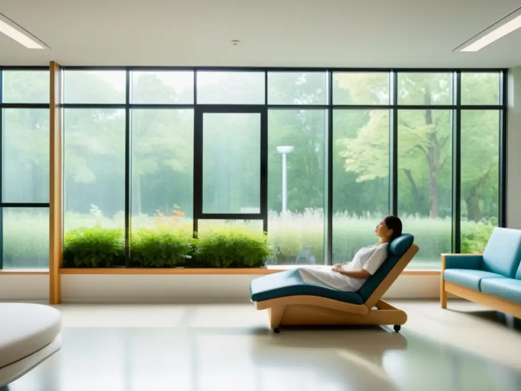 Práctica de respiración diafragmática en hospital moderno con jardín tranquilo y luz natural relajante