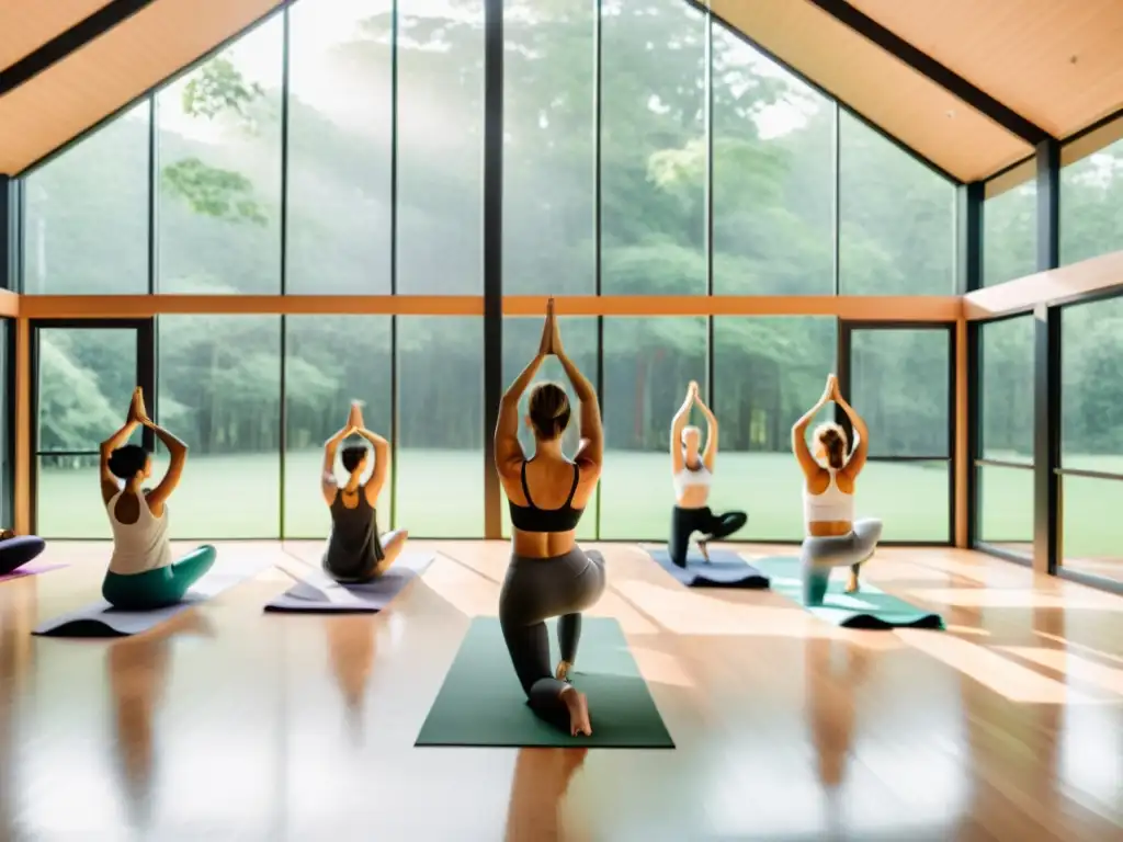 Evolución de la respiración en yoga: estudio sereno con vista al bosque, luz natural y práctica grupal armoniosa