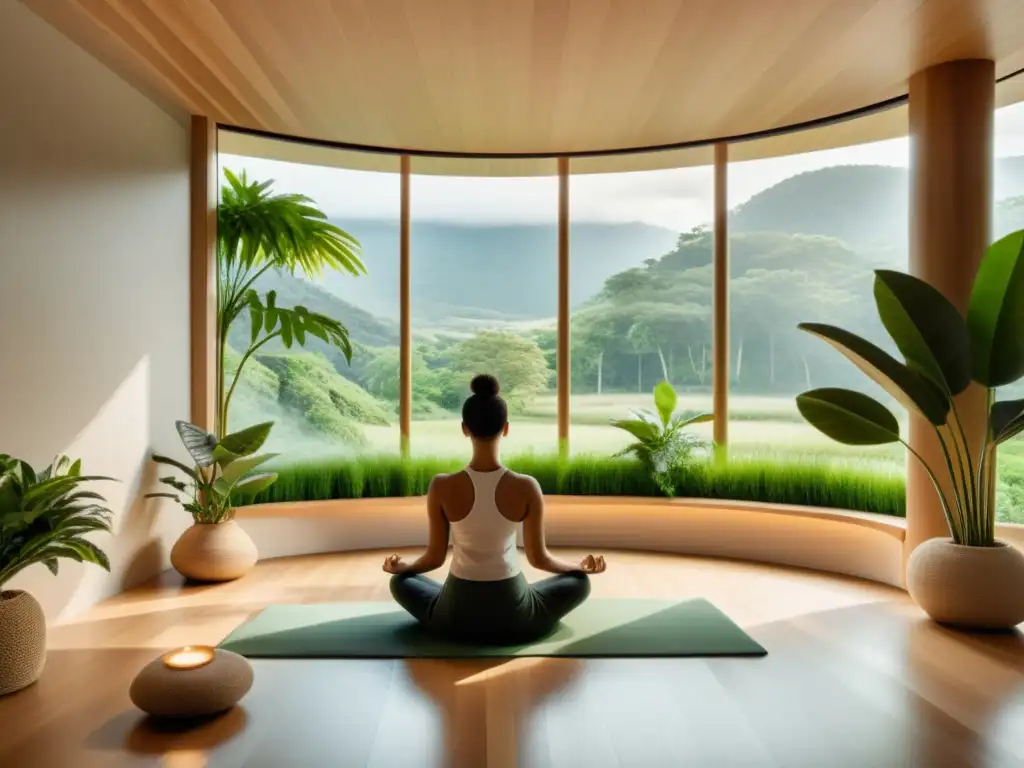 Práctica de respiración intencional para salud cardíaca en un moderno y sereno espacio de meditación con vistas a un paisaje verde exuberante