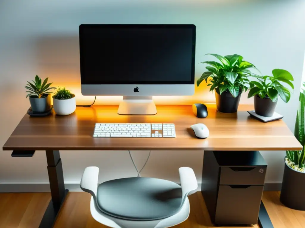 Mejorar la respiración en la oficina: un espacio de trabajo ergonómico y luminoso con plantas purificadoras y mobiliario moderno