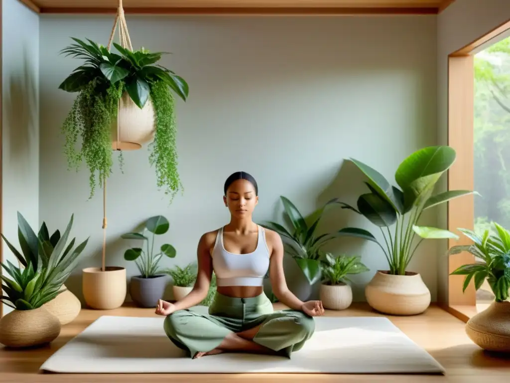 Practicando respiración rítmica para reducción estrés en una habitación serena con iluminación natural y plantas verdes