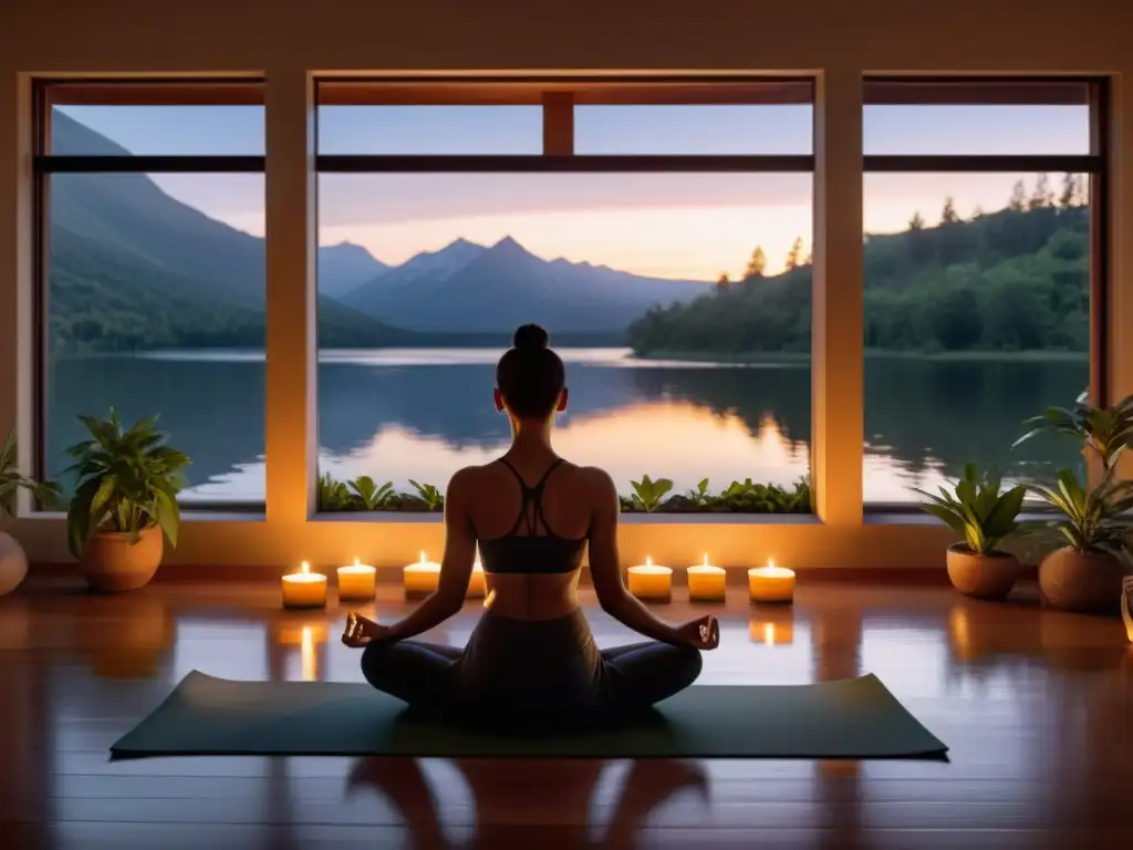 Práctica de respiración para mejorar sueño en dormitorio sereno con vista al lago al atardecer, velas y plantas creando ambiente tranquilo