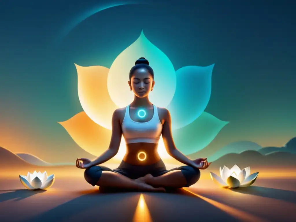 Práctica respiratoria taoísta equilibrada: ilustración moderna de meditación en posición de loto con yinyang y energía suave