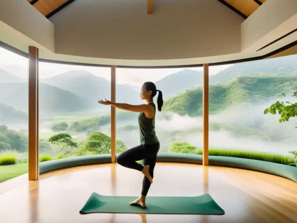 Práctica de Qi Gong respiratorio en un estudio moderno con vistas a un paisaje verde