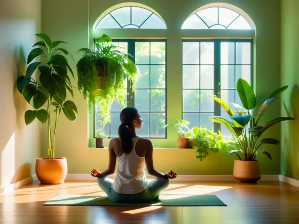 Práctica de mindfulness respiratorio para reducir inflamación crónica en un ambiente tranquilo y natural, con luz solar y plantas verdes