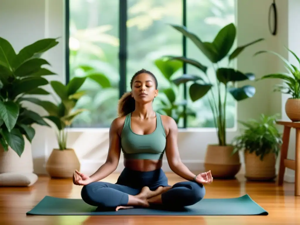 'Práctica de mindfulness respiratorio para reducir inflamación crónica: persona meditando en una habitación llena de luz natural y plantas, expresando calma y serenidad