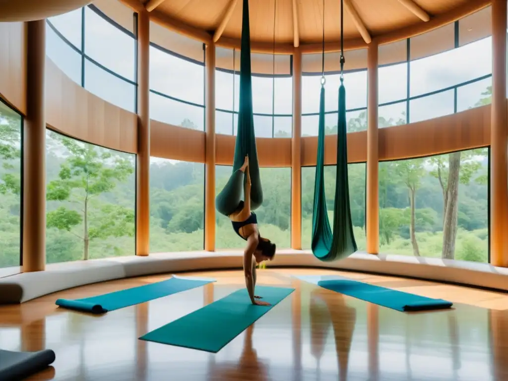 Retiro de yoga aéreo en un estudio espacioso con vistas a un bosque exuberante, donde la respiración se mejora y la mente se relaja