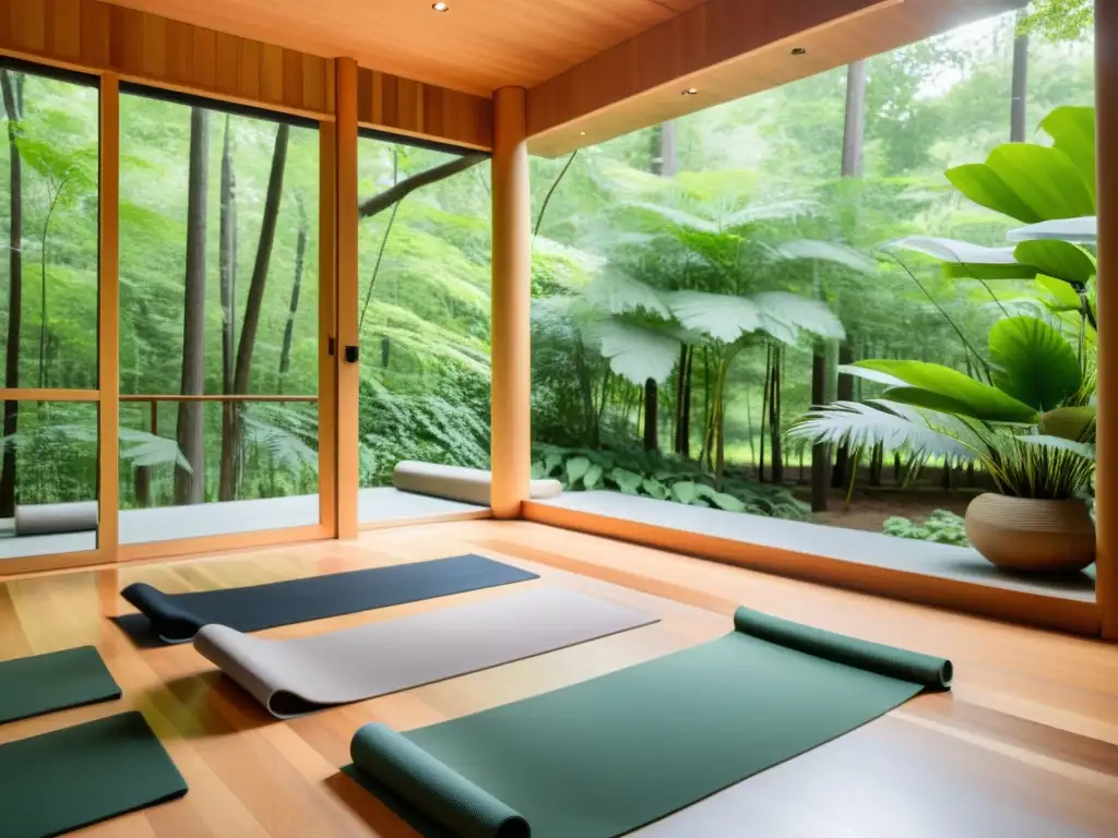 Retiro de bienestar en un bosque exuberante con pabellón de yoga al aire libre rodeado de árboles altos, luz suave y atmósfera meditativa