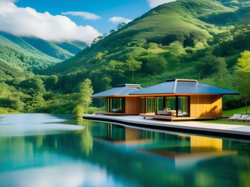 Retiro de bienestar en la naturaleza con plataforma de yoga al aire libre junto al lago y rodeado de bosques