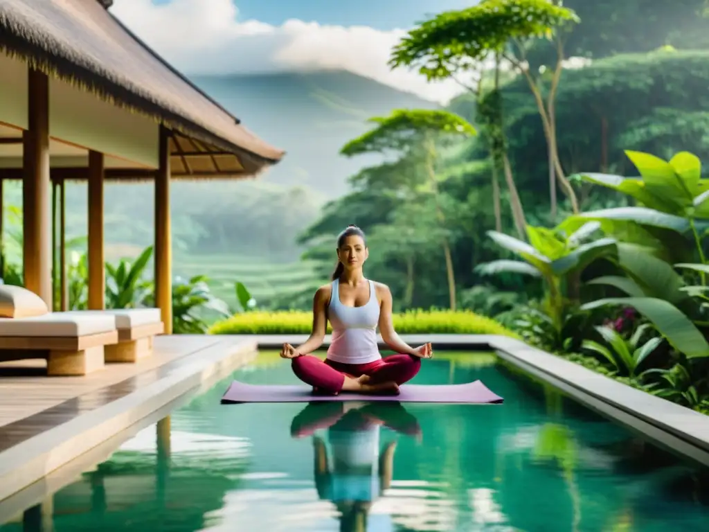 Retiro de bienestar en Bali: personas practicando yoga y meditación en un entorno sereno rodeado de exuberante vegetación y una piscina tranquila