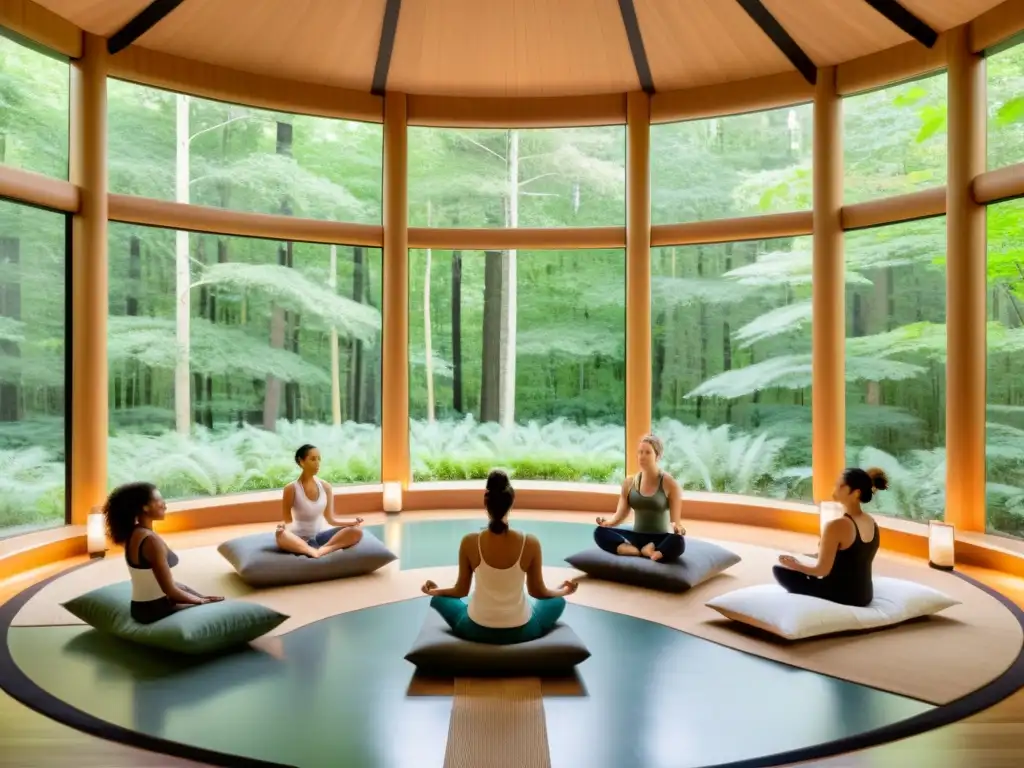 Un retiro de bienestar en un spa moderno con vistas al bosque