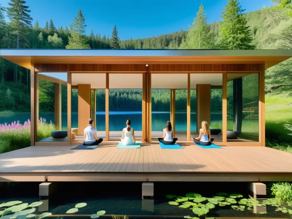 Retiro de meditación en el bosque con lago cristalino, yoga y técnicas de respiración consciente