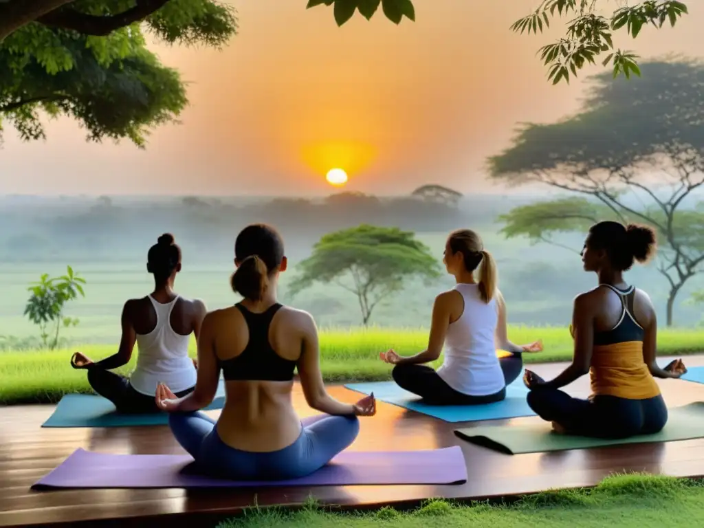 Retiro de yoga en India: práctica de respiración en la serena naturaleza al amanecer, beneficios para la mente y el cuerpo