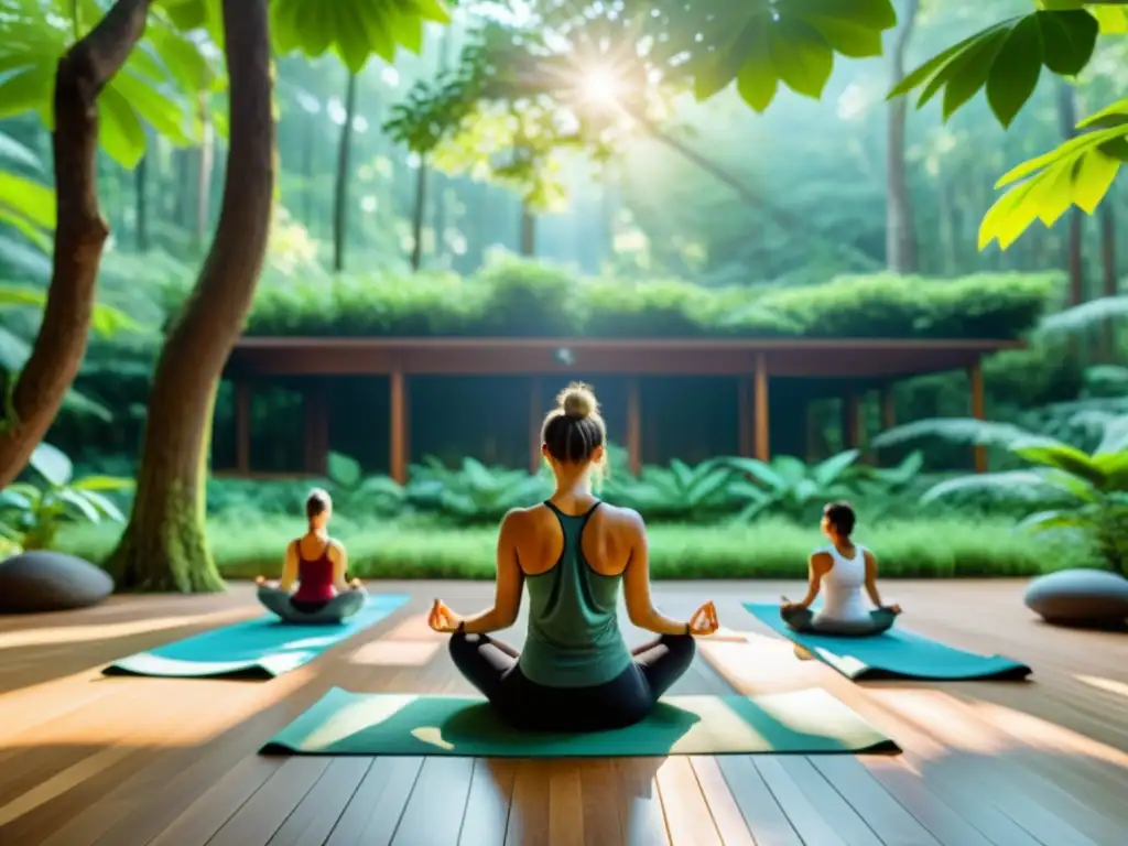 Un retiro de yoga y meditación en medio de un exuberante bosque, con una plataforma de yoga al aire libre y personas practicando posturas tranquilas