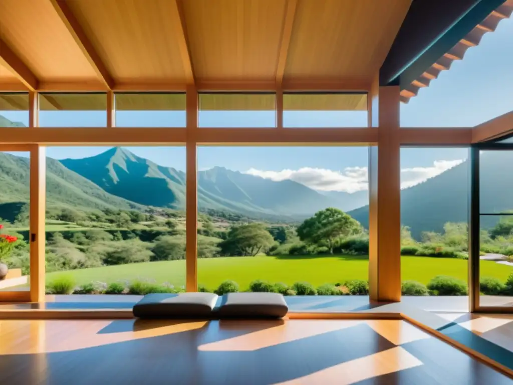 Retiro de yoga y meditación adecuado en un centro moderno, rodeado de naturaleza serena y montañas majestuosas