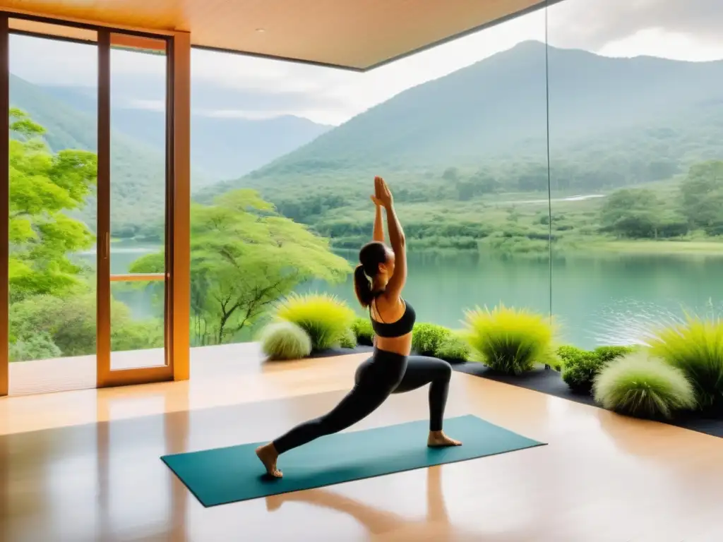 Un retiro de yoga y meditación adecuado en un entorno sereno con montañas verdes, un deck amplio y un lago tranquilo