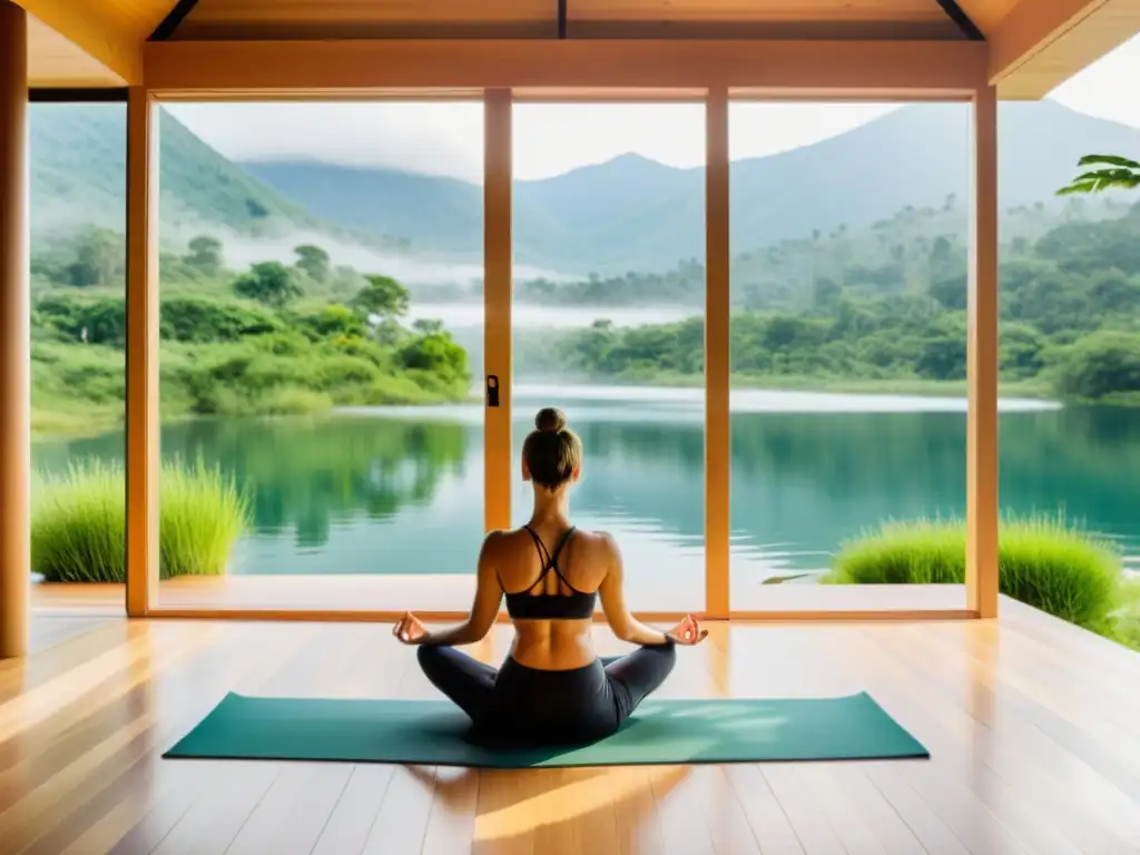 Un retiro de yoga y meditación adecuado en un entorno sereno y natural con un lago y montañas cubiertas de niebla