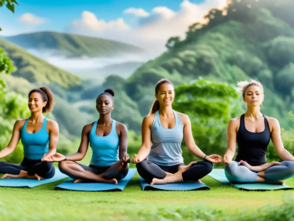 Retiro de yoga y meditación adecuado en la naturaleza, grupo diverso practica en colina soleada entre frondosa vegetación y cielo azul