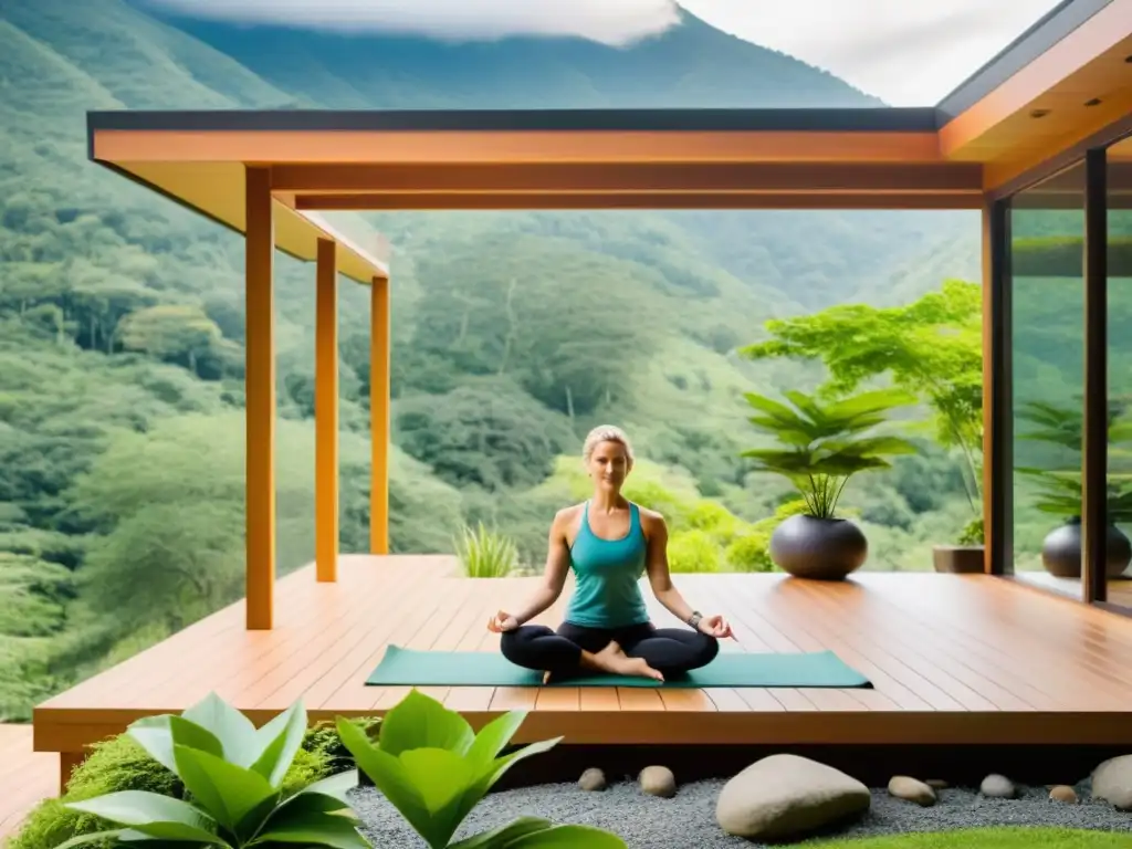 Un retiro de yoga y meditación adecuado en las verdes montañas, con una plataforma amplia para yoga al aire libre y vistas panorámicas