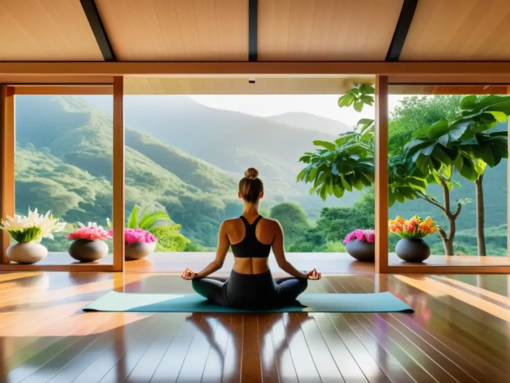 Retiro de yoga en la naturaleza: serenidad y modernidad Un retiro de yoga moderno y lujoso en medio de la naturaleza, con yoguis practicando en un deck de madera rodeado de árboles y flores vibrantes
