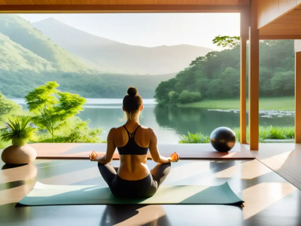 Retiro de yoga en la naturaleza: meditación al amanecer Retiro de yoga moderno en las montañas verdes, con yoguis meditando al amanecer junto al lago
