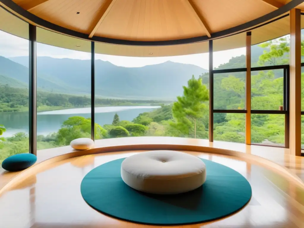 Un retiro de meditación transformación personal en un entorno sereno con vistas a la naturaleza y un diseño contemporáneo